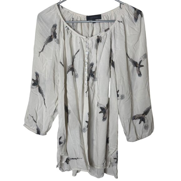 Karen Kane 1X Ivory Bird Print Peasant Blouse 3/4 Sleeve Flowy Boho Top - Picture 7 of 9